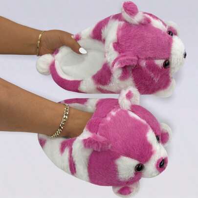 New Cartoon Fabric Material Slippers, Cute Plush Warm Comfortable Lightweight Non-Slip Thick Sole Home Party Couples Gift, Soft Cow Pink Small Teddy Indoor Warm Slippers