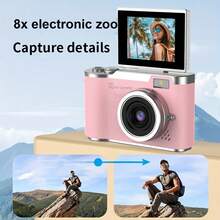 1080P高清便携式数码相机，高清摄影摄像相机，自动对焦，高像素，防抖，180°翻转屏带彩色滤镜，8倍数码变焦，适合成人初学者作为生日、新年和圣诞节礼物（800mAh可充电电池）