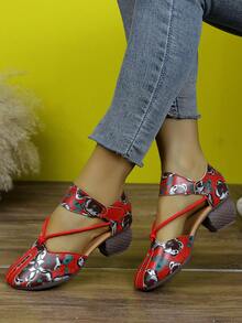 女士复古鞋，春夏款，厚底一脚蹬高跟鞋，镂空印花凉鞋，妈妈鞋，高跟凉鞋，魔术贴搭扣 - 紅色 - 查看 1