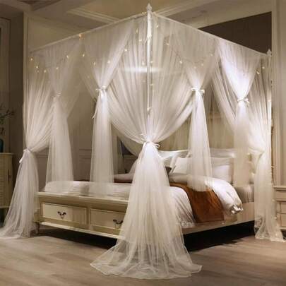 VETHIN 4 Corners Post Princess Bed Canopy Curtain Double Layer Cozy Drape Netting 4 Opening Mosquito Net For Girls &Amp; Adults Bedroom Decoration Accessories (Double White, 64" W*82" L*82"*H/(Queen))