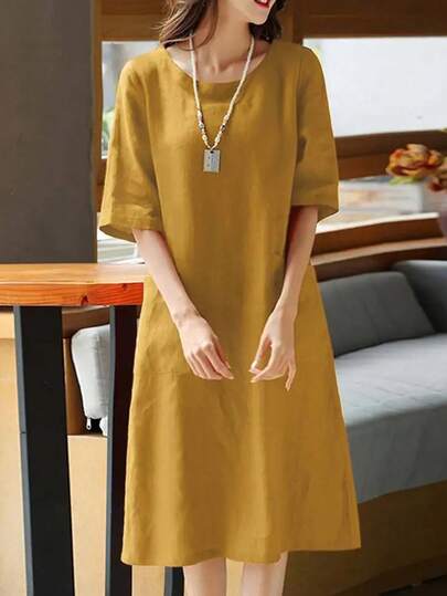Women's Solid Color Round Neck Short Sleeve Loose Straight Casual Dress, Summer Spring Elegant