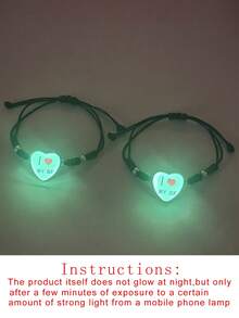 ATLVXJL 2pcs/Set Glow-In-The-Dark Friendship/Couple Heart Letter Beaded Braided Bracelet Set, Suitable For Daily Wear And Valentine's Day Gift - Multicolor - View 9