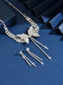 3pcs/Set Butterfly Bow Design Bridal Women's Fashionable Zirconia Necklace Set, Sexy Jewelry Set Suitable For Weddings, Birthday Gifts, Parties. - HB037 Silver - View 3