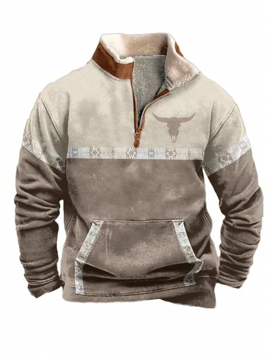 Chaqueta occidental para hombre - Sudadera con capucha de piel bordada - Suéter occidental retro de cuello alto con media cremallera, bolsillos y forro de invierno - SPS-BS - Ver 1
