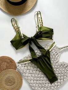 Women's Beaded Backless Tie-Back Tri-Color Textured Elegant High-End Bikini Set, Suitable For Beach, Resort, Spa, Spring/Summer/Autumn - Green - View 6