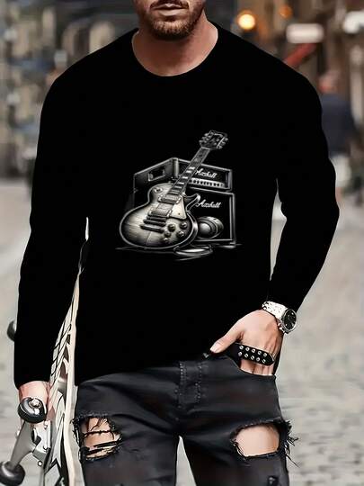 1pcs Men's Lightweight Solid Color Long Sleeve T-Shirt With Eye-Catching Electric Guitar Pattern And Note Print - Breathable Crew Neck Casual Shirt, Suitable For Concerts, Casual Wear, Four Seasons Comfort - Men's Rock Music Inspired Clothing, Concert Clothing 180g Men's T-Shirt 100% Cotton Drop Shoulder Autumn Thick Sturdy Work-Casual​Men's T-Shirt 100% Cotton Drop Shoulder Autumn Thick Sturdy Work-Casual​