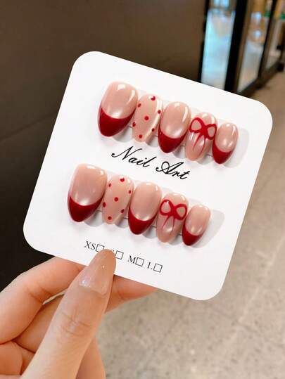YINZIJIA Enhance Your Temperament With 10 Pieces Of Nude Pink Cat Eye Red French Press On Nail Art, Elegant Ballet Style Sweet Bow Nail Art, Short Almond Shaped Whitening High-End Atmosphere, Handmade And Reusable Fake Nails