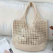 Back To School,Large Women's Handbags,Women Girls Knitted Shoulder Bags Retro Hollow Woven Large Capacity Floral Decor Shopper Handbags Crochet Bag Crochet Bags For Women Summer Beach Tote Bag - trắng - Xem 7