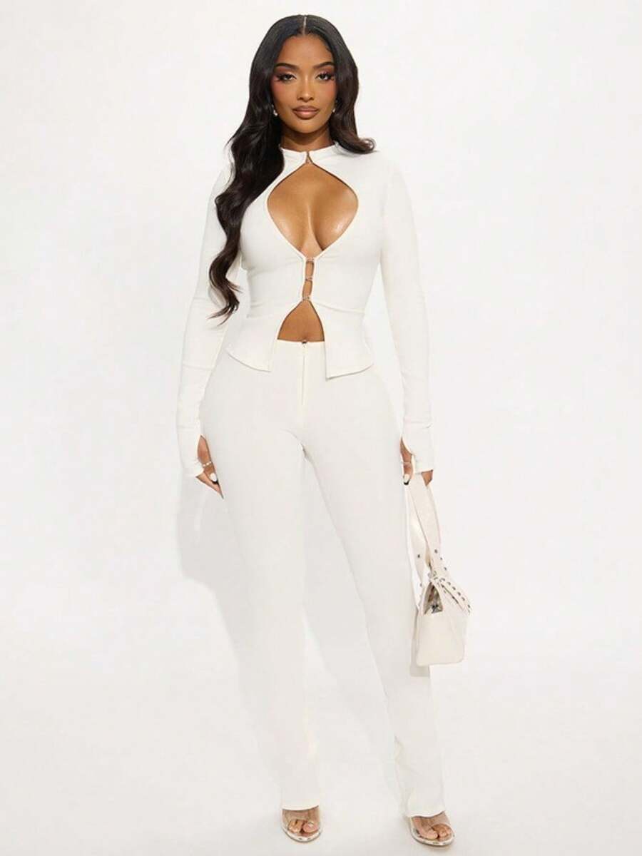 2 Piece Sets Women Winter Clothes For Women Two Piece Sets New Years Outfit Women Open-Hooked Collar Top, Zipper Pants, Sexy Tight Two-Piece Set - 白色 - 查看 1