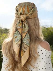 1条波西米亚风佩斯利印花缎面围巾，优雅头巾/披肩，适合日常休闲佩戴，防晒 - 卡其色 - 查看 3