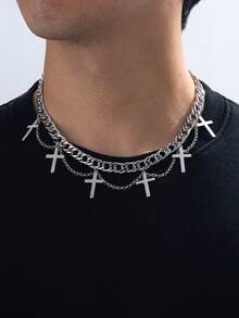 男士简约嘻哈时尚铆钉/十字架吊坠项链（不含礼盒） - 亮白色 - 查看 4