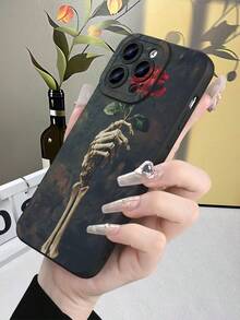 Gothic Skeleton Hand & Rose Print TPU Phone Case With Lens Protection For IPhone 17-11/XS/X/XR &  S26-S21/A14-A54/Note20 - Black - View 3