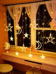星月造型装饰串灯，电池供电，适用于派对、婚礼、生日等场合，可用作窗帘灯、卧室星月灯、学生公寓装饰、室内外装饰，闪耀的婚礼花园和房间装饰