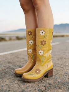 Women's Mid Calf Boots Square Toe Chunky Heel Pull On Block Heel Boots Western Boots With Flowers Cute For Christmas Halloween - 黃色 - 查看 1