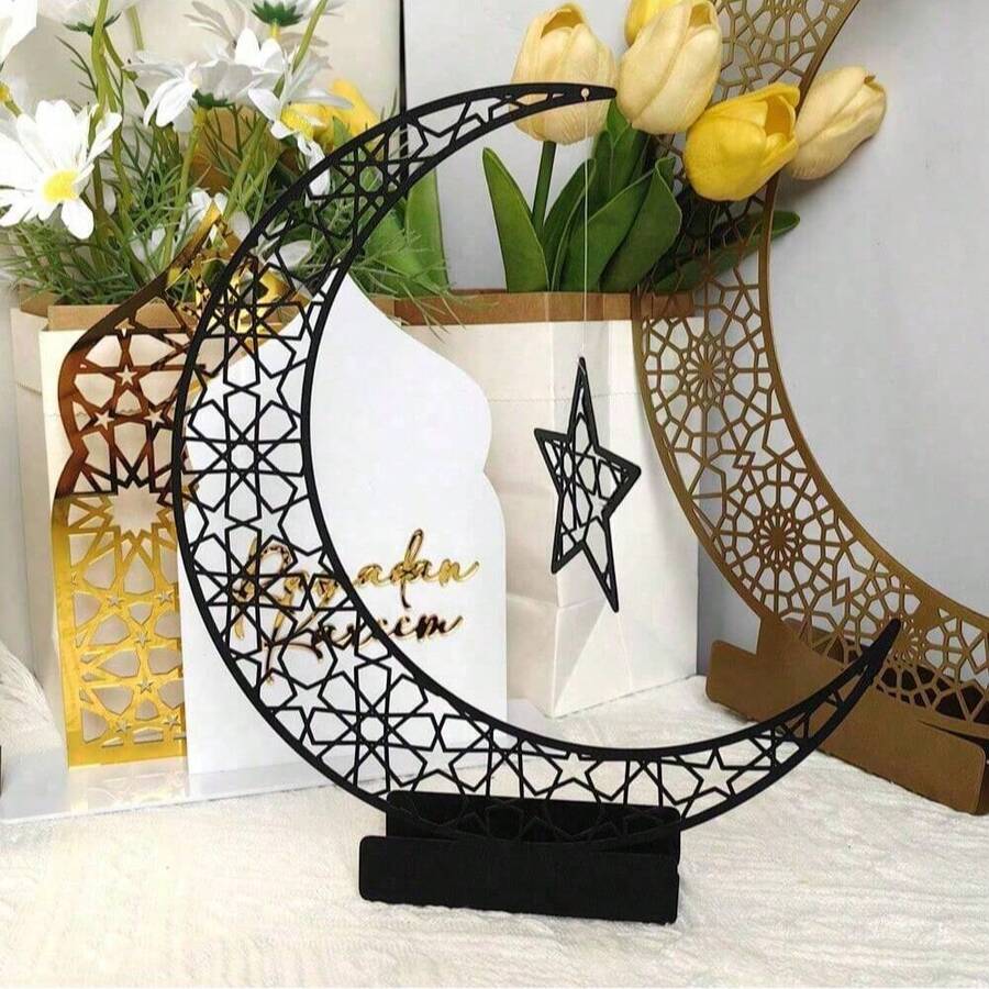 1 pièce Décoration ajourée étoile et lune, artisanat décoratif de couleur dorée, ornement de table en forme d'étoile pour la décoration de la maison pendant les fêtes, éclairant l'espace avec un effet artistique de lumière et d'ombre ajouré, plusieurs couleurs disponibles - Multicolore - Voir 1