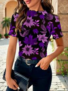 Vintage Floral Print Slim Fit Casual/Work Wear Short Sleeve T-Shirt For Women, Spring/Summer Vacation - Purple - View 5