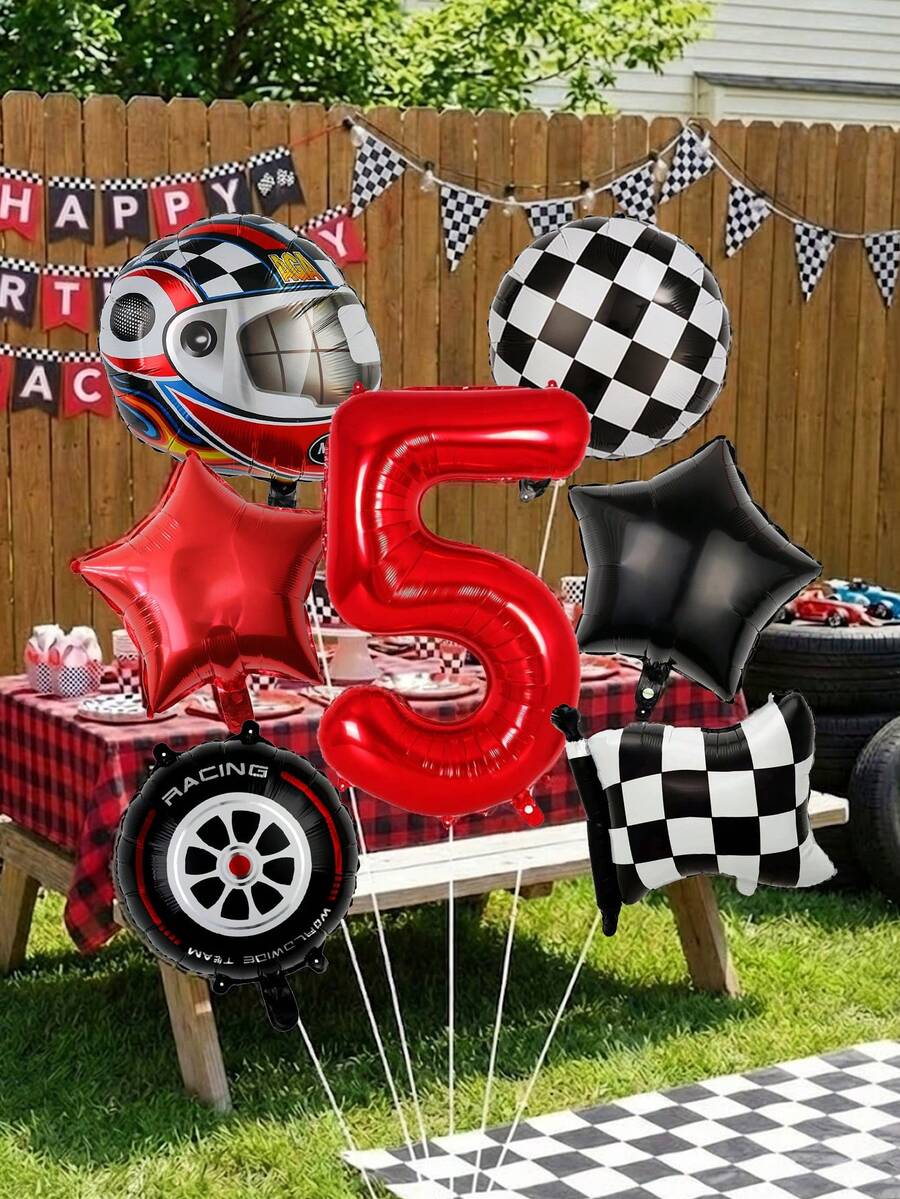 7件組賽車/摩托車主題生日派對裝飾氣球,32英吋紅色0-9數字氣球,賽車頭盔/賽車旗/18英吋輪胎造型鋁箔氣球/18英吋黑白格紋氣球,18英吋紅黑星形/五角形氣球 - 彩色 - 查看 1