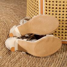 2025 Summer Sexy Beige Mid-Heel Open Toe Sandals, Women's Strap Super High Heel Runway Show Shoes, Roman Sandals, Solid Color Party, Super Fiber Leather, Rhinestone Thick Heel Party - Beige - View 2