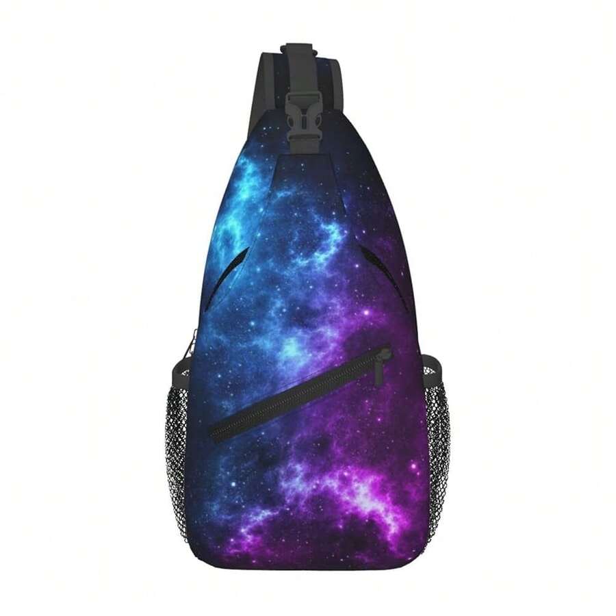 Galaxy Sling Bag For Women Crossbody Bag Blue And Purple Galaxy With A Planet And A Moon Space Background Sling Backpack For Men Universe Theme Shoulder Bag Sports Travel HiFKing Daypack - 藍紫 - 查看 1