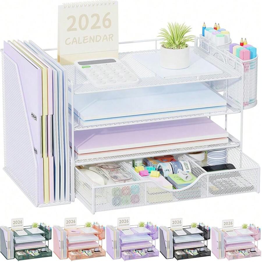 Gianotter Desk Organizers And Accessories With File Holder, 4-Tier Desk Accessories & Workspace Organizers With Drawer And 2 Pen Holder, Paper Organizer For Office Supplies (White) - White - 查看 1