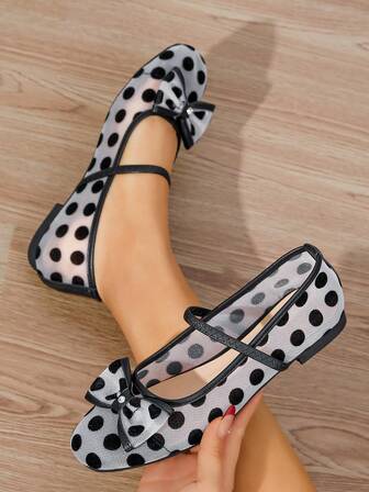 Damskor med prickiga nät - Mary Jane-skor med rosett, franska retrobalettskor, casual, mångsidiga för arbete, skola, eftermiddagste