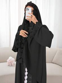 1 套头巾 + 开放式阿巴亚伊斯兰中长连衣裙，土耳其迪拜阿巴亚长袍带头巾，适合穆斯林女性日常穿着 - 彩色 - 查看 26