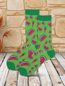 1双男士水果蔬菜图案中筒袜，蘑菇西瓜图案，卡通休闲袜 - 彩色 - 查看 3
