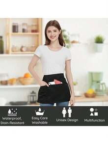 3 Piezas Delantales Corto de Cintura con 3 Bolsillos, Impermeable Chef Delantal Negro para Hombres y Mujeres, Delantal de Cocina Camarero Ajustable para Restaurante Cafetería - Negro - 70x46 cm - Ver 9