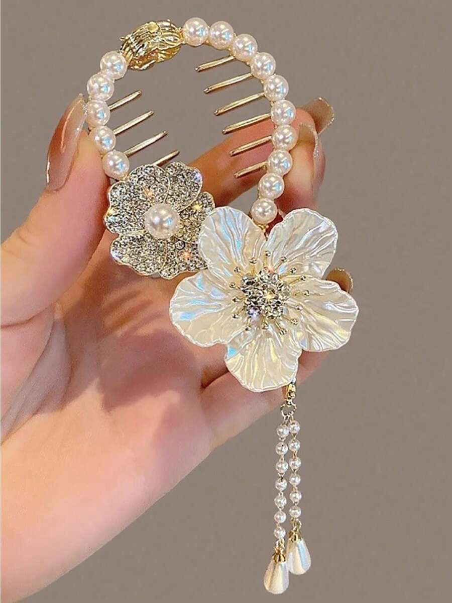 Camellia Tassel Hair Clips Ponytail Clips Ponytail Buckle Plate Hair Clips Simulation Faux Pearls Grab Clips Hair Cards Headdress Women Hair Accessories Elegant Hair Claws Fashion Claw Clip - White - View 1
