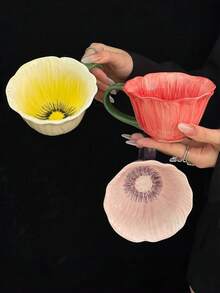 1 Set High-Quality Floral Ceramic Coffee Cup & Saucer Set, Home/Cafe One Cup One Saucer Afternoon Tea Cup, Latte Cup, Coffee Cup & Saucer Set, Valentine's Day Gift, Ramadan - Multicolor - View 3