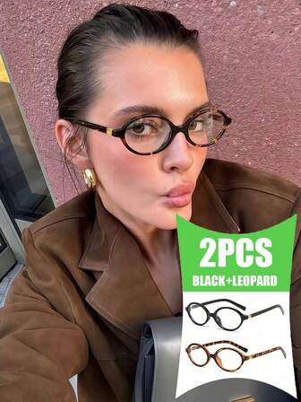 2pcs Retro Minimalist Small Frame Oval Women's Clear Lens Glasses, Fashion Eyewear