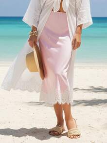 Women Spring Summer Casual Fashion Silk Satin Half Slip Long Skirts Lace Patchwork Low Elastic Waist Long Skirt Elegant Silky Flowy A Line Midi Skirts Daily Beach Vacation Party Club Festival Birthday - 粉色 - 查看 4