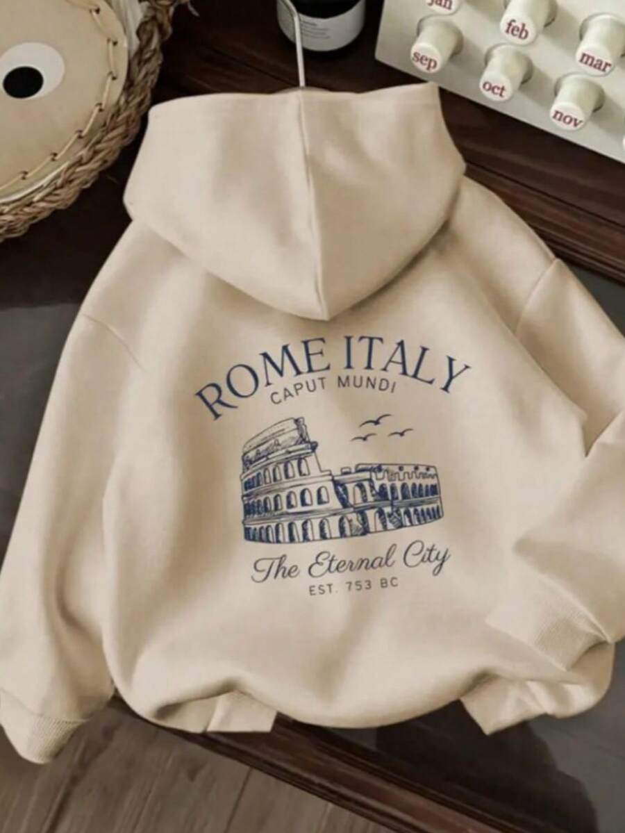 Unisex Sweatshirt, Printed Back, Jacket With Kangaroo Pocket, Drawstring, Hood, Premium Line - Màu Khaki - Xem 1