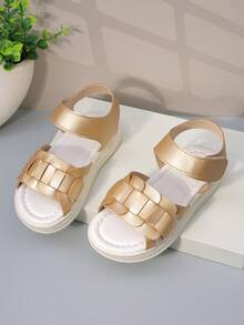 1 Pair Kids' Metallic Gold Woven Detail PU Soft Sole Open-Toe Slingback Flat Sandals | Princess Shoes For Toddler Girls Party/Holiday - Camel - View 3