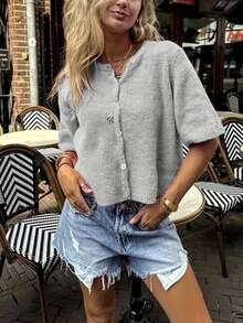 SEREN Nueva Camiseta de punto de cuello redondo con botones y manga larga gris para otoño/invierno, suéter de mujer con diseño de encaje ajustado, adecuado para ir al trabajo, parte superior con efecto de dos piezas - Gris - Ver 5