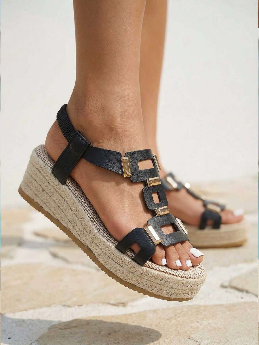 planare Women's Fashionable Summer Casual Vacation Style Rope Woven Sole Round Toe Open Toe Thick Bottom Wedge Sandals, Slip-On, Solid Color Versatile Indoor Outdoor Beach Wedge Sandals - Black - View 1