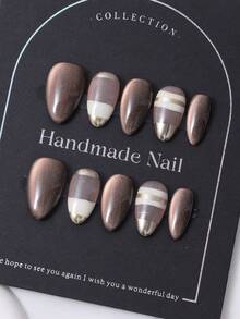 10 Stücke/Set handgemachte kurze mandelförmige Nagel Aufkleber im Y2K Mokka Braun Stil & handgefertigtes Farbverlauf Feiner Glitzer Streifen Muster Design für Nageldekoration. 1 Stück Gelee Gel und 1 Stück Nagelfeile. Perfekt für den Alltag sowie Coachella Musikfestival Party Outfits, Aufklebe-Nägel und Nagelpflege Produkte. Handgemachte Aufklebe-Nägel Nagelpflege Zubehör - Mokka-Braun - Übersicht 1