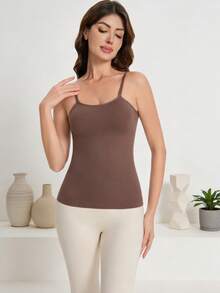 女士高弹无缝塑身吊带背心，无胸垫收腹显瘦叠穿 - 棕色 - 查看 11