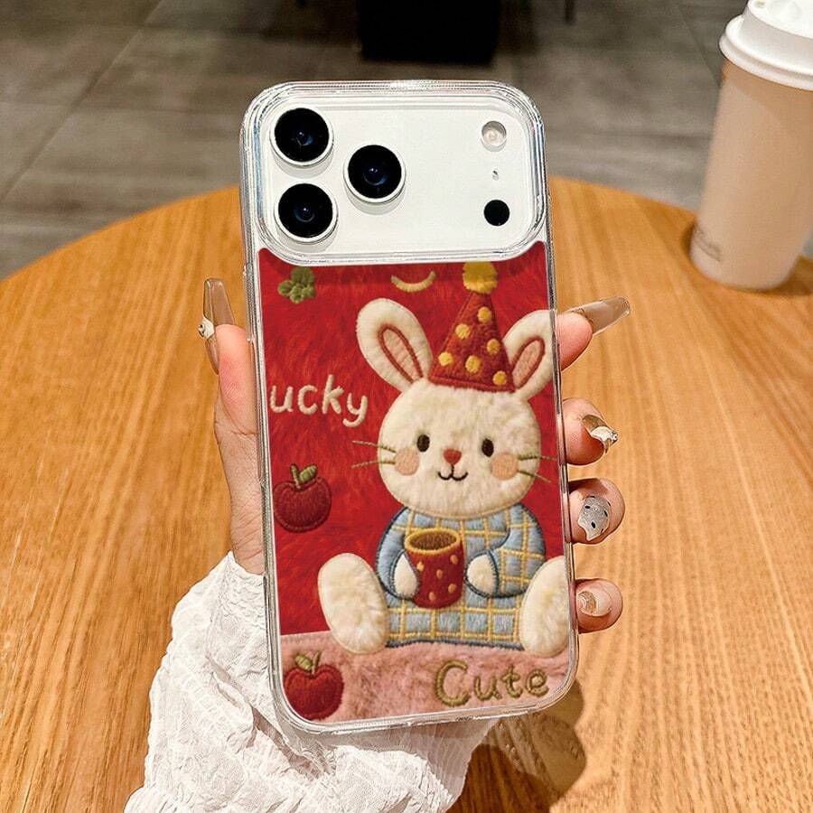 New Year's Cute Plush Rabbit Pattern High End Transparent Magnetic Phone Case Suitable For IPhone 17 Promax 17air 17pro 16e 15plus 14 13 12 11 And Compatible With Samsung S25ultra S25edge S24plus S23fe S22 Men's And Women's New Protective Cases, Anti Drop And Shockproof TPU Border Shell Suitable For Giving Gifts To Family And Friends