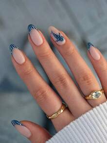 INS Style Light Blue Polka Dot Oval Press-On Nails, Black Dot Graffiti Fake Nail Set, Fresh And Gentle Commuter Nails - Multicolor - View 9