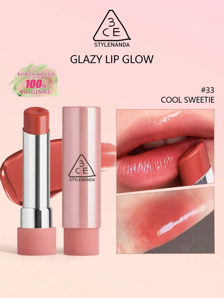 3CE Son bóng Glazy Lip Glow 33 Co0lS SN, son bóng dưỡng ẩm, công thức cấp ẩm và làm sáng da, không bết dính, tạo hiệu ứng môi bóng như thủy tinh, chăm sóc môi hàng ngày, sản phẩm thiết yếu của K-Beauty, 3.2g/0.11oz