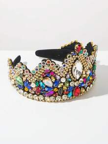 1pc Vintage Luxury Rhinestone Crown Headband, Palace Style Faux Pearl & Gem Decorated Wide Hair Hoop, Suitable For Women's Party & Ball Gown Attire (Rhinestone & Gem Color Varies Randomly) - Color - View 4