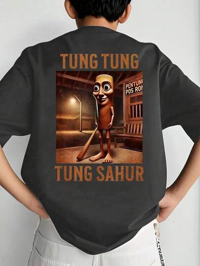 Camiseta de manga corta con cuello redondo y gráfico de dibujos animados y letras para niño preadolescente