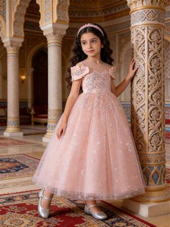 Vestido largo elegante con lentejuelas para niñas, vestido de princesa de tul para fiesta, boda y actuación