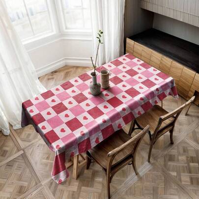 1PC Pink Gradient & Checkered Heart Valentine's Day Tablecloth Set, Mixed Style Polyester Rectangular Tablecloths With Gradient Heart & Checkered Heart Details, Multi-Functional For Home Living Room & Cafe Dual-Scene Decoration, Great For Valentine's Day Seasonal Decor & Romantic Cafe/Residence Table Setting