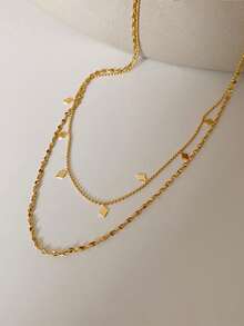 1 chiếc dây chuyền hình thoi đính sequin hình cánh hoa bằng thép không gỉ mạ vàng 18K dành cho bé gái, dây chuyền choker hai lớp tinh tế tối giản. - Vàng - Xem 6