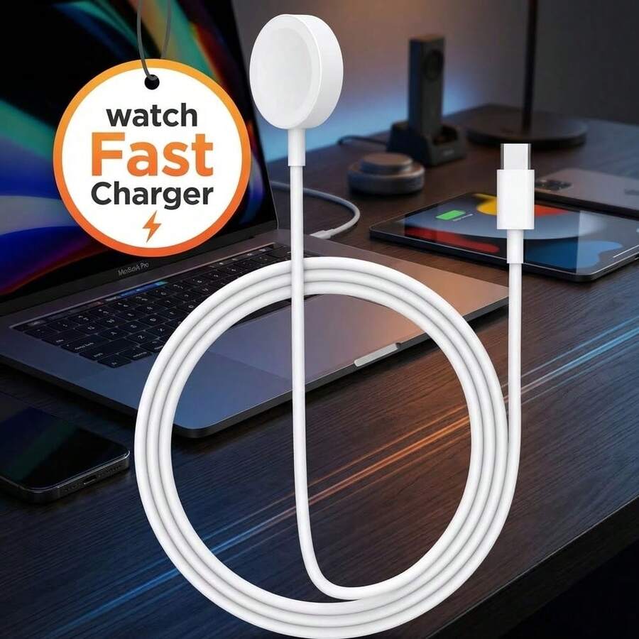 适用于 Series Ultra 9/8/7/6/4/3/2/SE/SE2 的 3.3 英尺/1 米 Type-C 磁吸无线充电线，支持快速充电 - 白色 - 查看 1