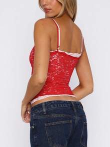Women Y2K Floral Lace Camisole Tank Top Contrast Color Patchwork Spaghetti Strap Square Neck Slim Fit Camisole Crop Tops Sexy See Through Backless Sleeveless Vest Shirt Summer Daily Going Out Top Coquette Aesthetic Clothes Party Club Casual Streetwear - 紅色 - 查看 3