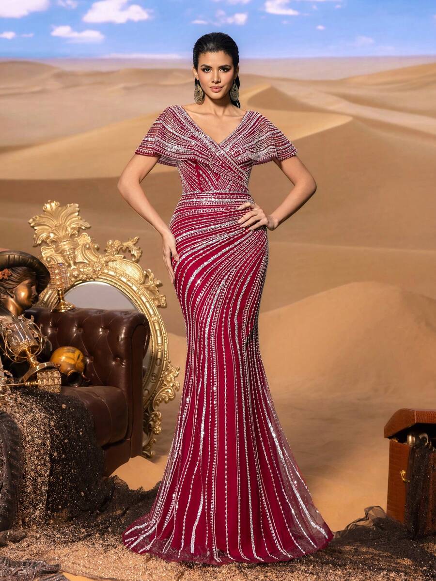 Faeriesty Deep V-Neck Mermaid Cut Long Dress, Puff Sleeve Design, Fully Decorated With Sequin Embroidery. Suitable For Weddings, Galas And Red Carpet Events - Burgundy - View 1