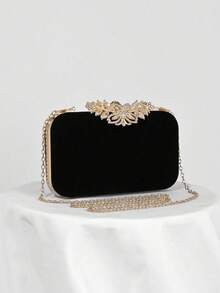 Fashionable Women's Shiny Diamond Flap Box Clutch Bag, Crystal Party Purse, Wedding Bride Wallet, Prom Bag, Black Velvet Bride Shoulder Bag With Chain - Black - View 1